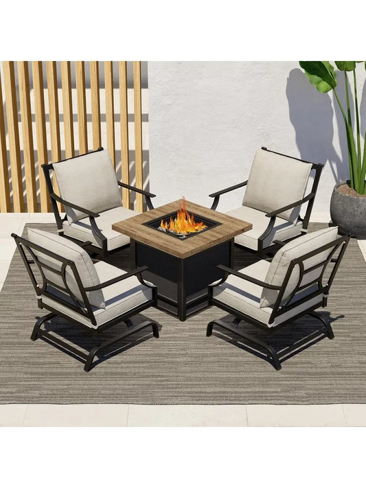 5-Piece Patio Set With Woodgrain Propane Fire Pit And Chairs