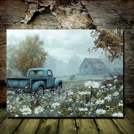 Solid Wood Pine Frame Mural Wall Art Deco Vintage Trailer With Wildflower Scene