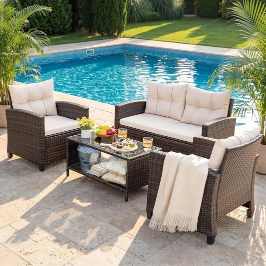 All-Weather PE Rattan Outdoor Patio Conversation Set With Glass Coffee Table