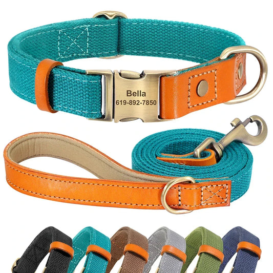 Personalized Nylon Dog Collar And Leash Set With Nameplate