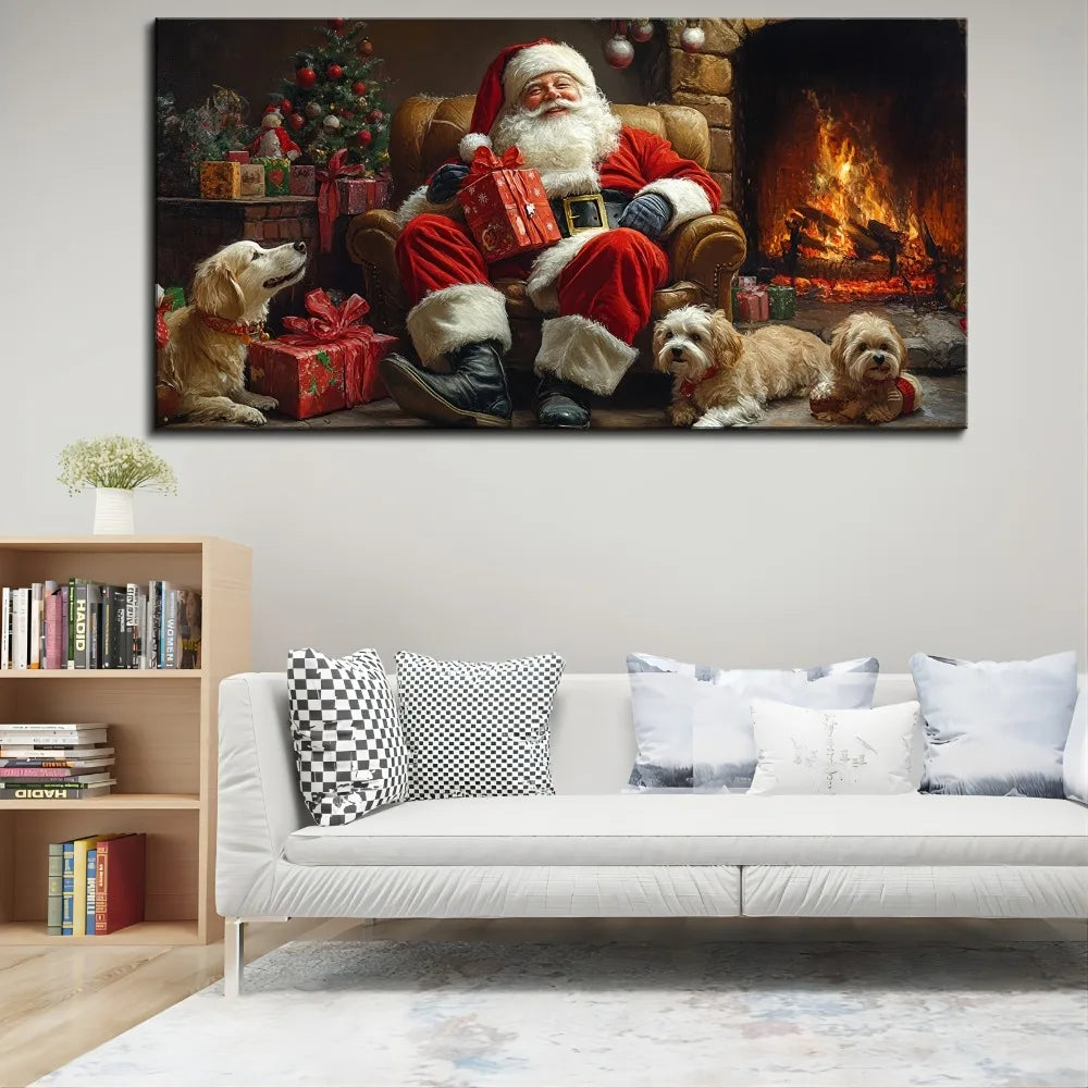 Santa Gift Canvas Art With Pine Wood Frame Wall Decor