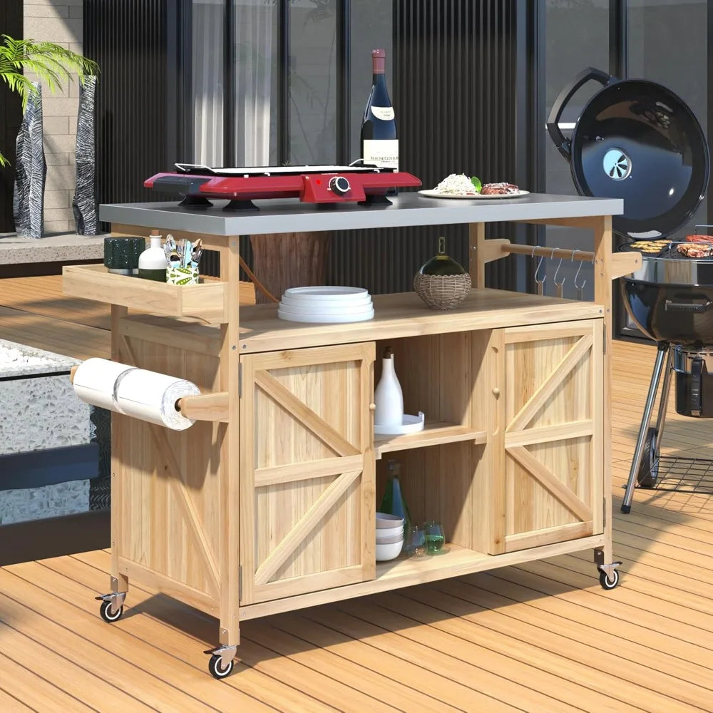 DAFIFY Grill Cart With Stainless Steel Tabletop Locking Outdoor Storage