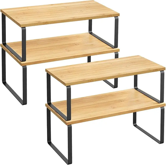 Set Of 4 Stackable Kitchen Counter Shelves Metal Engineered Wood