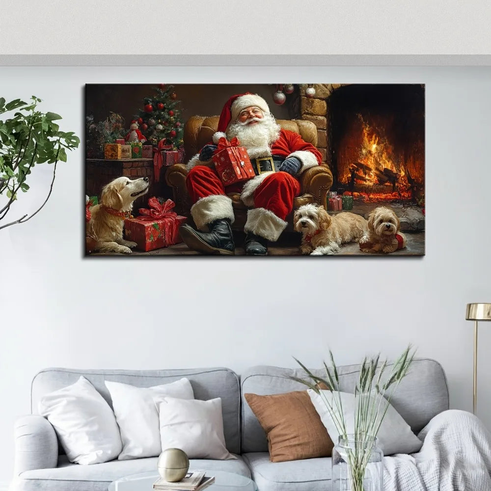 Santa Gift Canvas Art With Pine Wood Frame Wall Decor