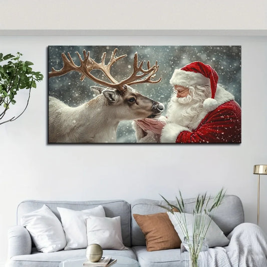 Christmas Miracle Warm Santa And Elk Canvas Art Pine Frame