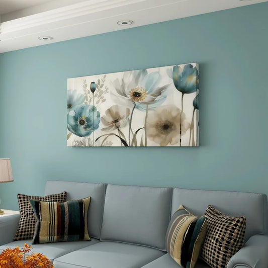 Abstract Blue Floral Canvas With Pine Frame Wall Art Decor