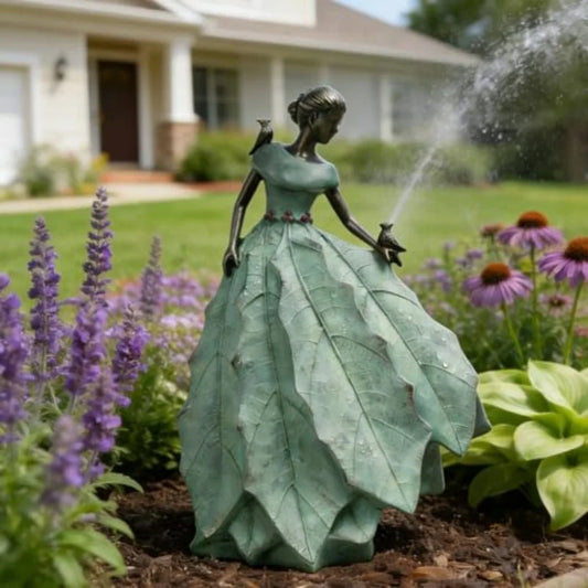 Fairy Garden Statue Resin Maiden Figure With Green Holly Leaves