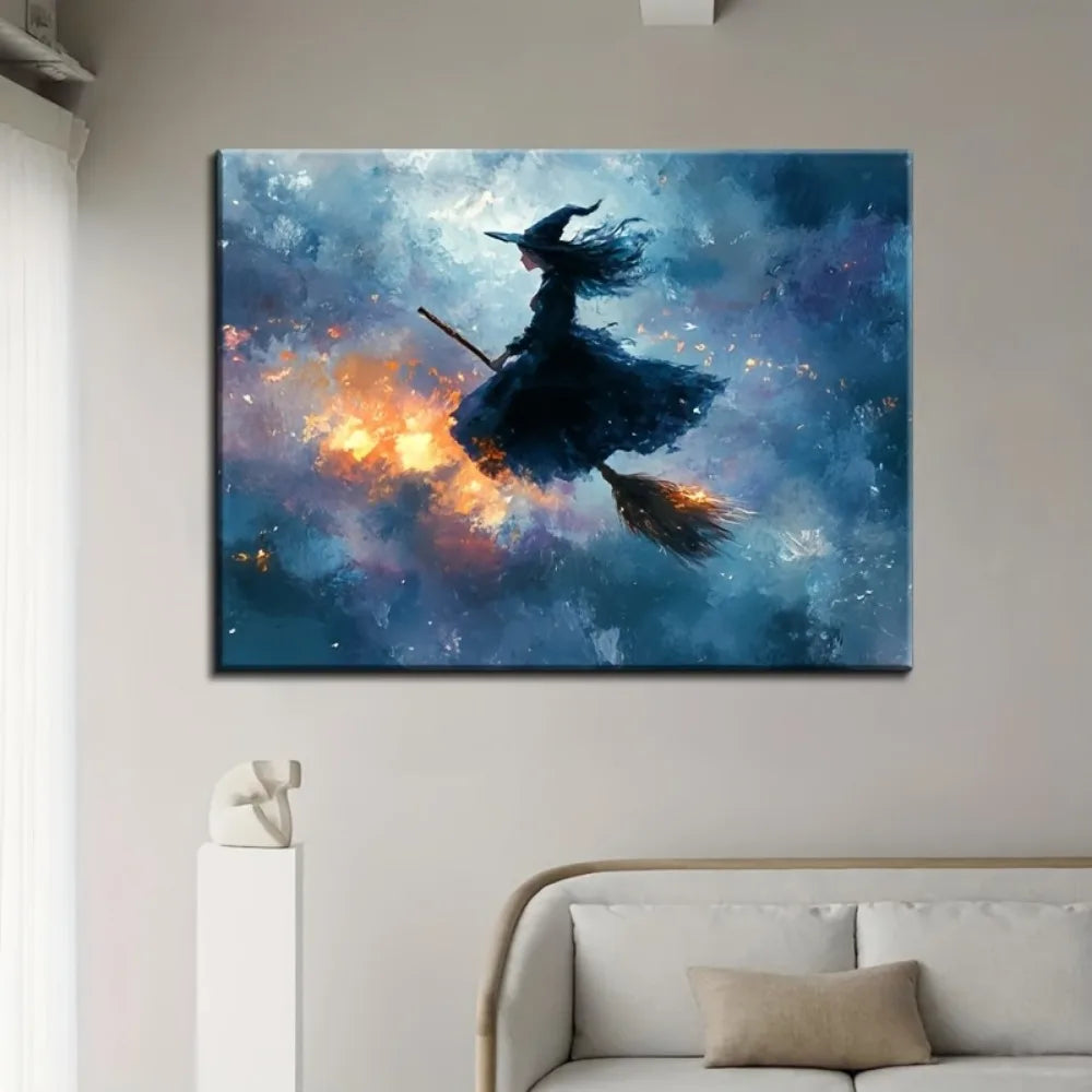 Witches Riding Broomsticks Full Moon Canvas Wall Art With Frame