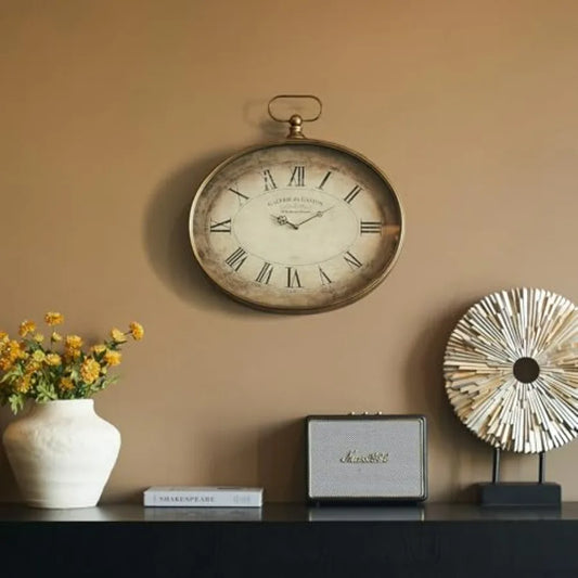 Vintage Decorative Wall Clock Oval Pocket Watch Roman Numerals Battery Operated