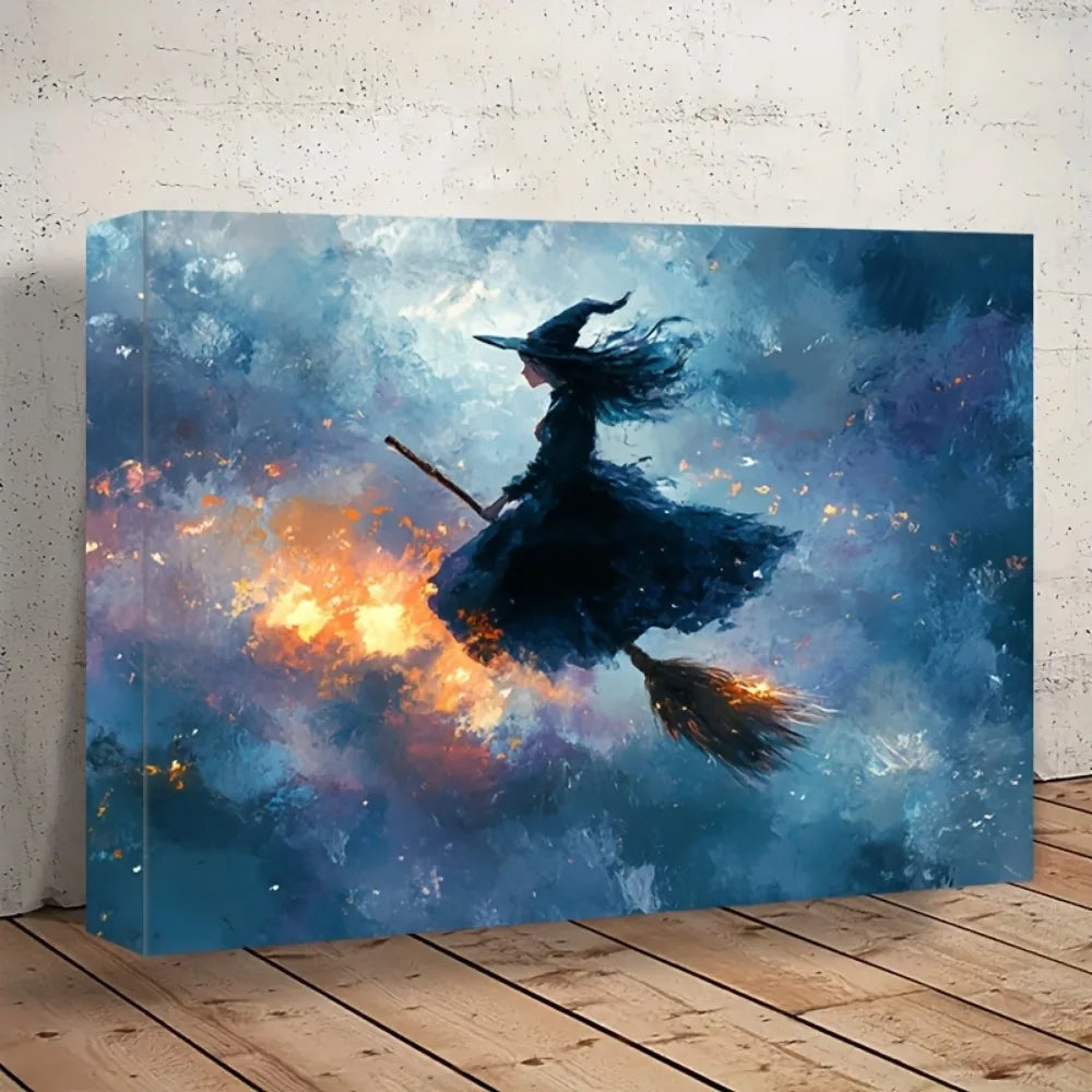 Witches Riding Broomsticks Full Moon Canvas Wall Art With Frame