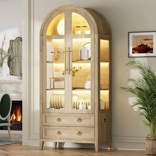 XMSJ Arched Curio Cabinet With Glass Doors And LED Lighting