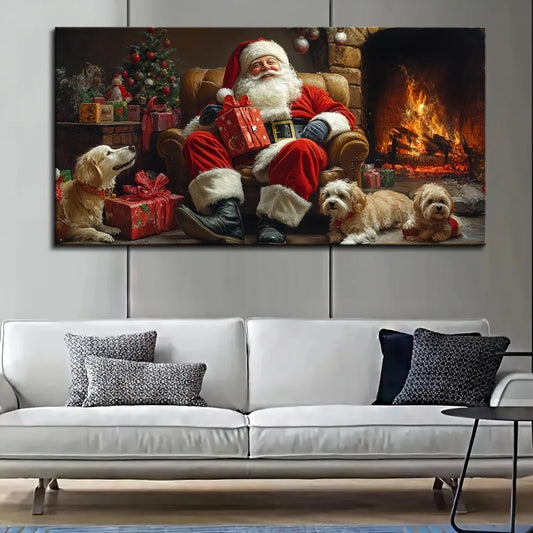 Santa Gift Canvas Art With Pine Wood Frame Wall Decor