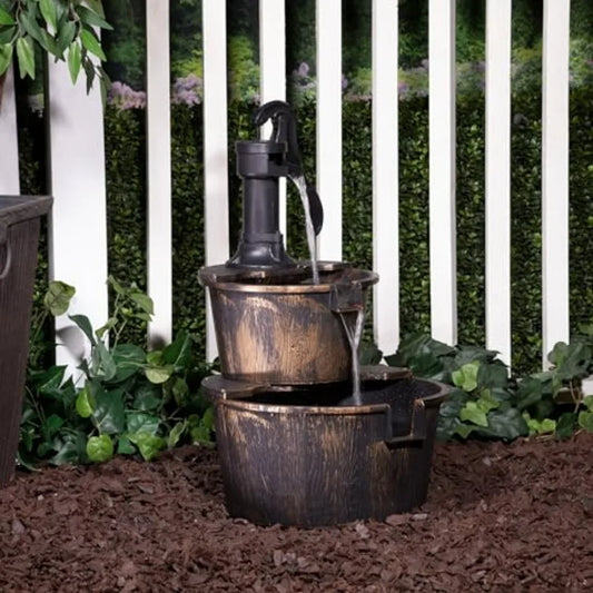 Rustic Outdoor 2-Tier Barrel Pump Water Fountain With Cascading Water
