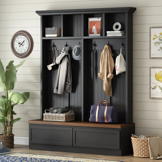 Farmhouse 4 In 1 Hall Tree With Wood Grain Bench Mudroom Organizer