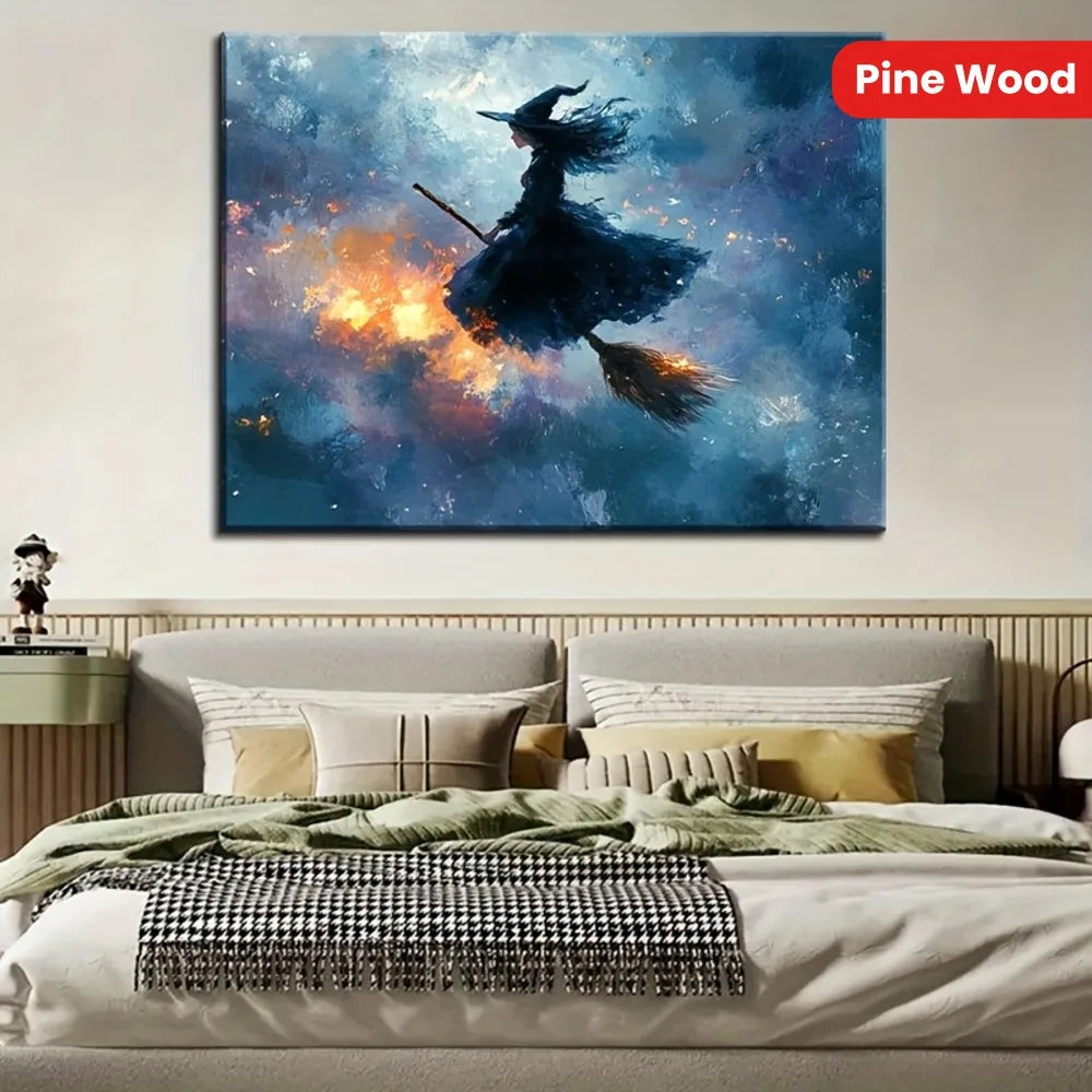 Witches Riding Broomsticks Full Moon Canvas Wall Art With Frame