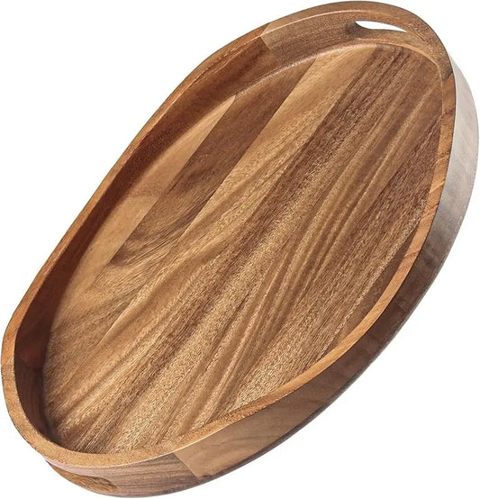 Acacia Wood Serving Tray With Handles For Living Room Decor
