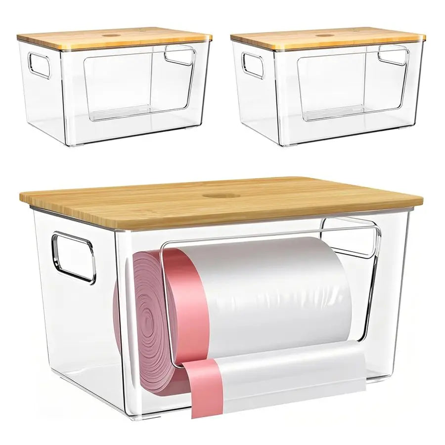 XMSJ Stackable Trash Bag Holder With Bamboo Lid Dispenser