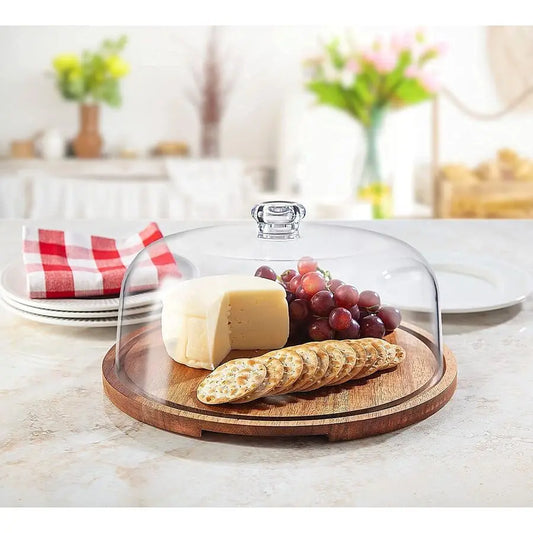 Acacia Wood Cake Stand With Dome And Shatterproof Acrylic Lid