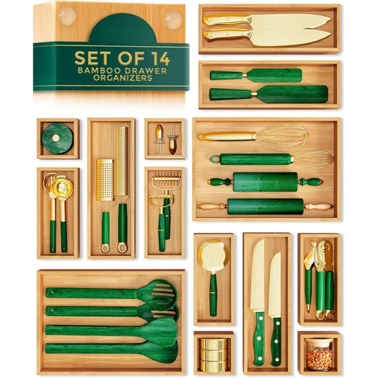 NONECN 14-Piece Bamboo Drawer Organizer Set for Kitchen and Office