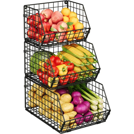 Three Tier Stackable Metal Wire Pantry Baskets Storage