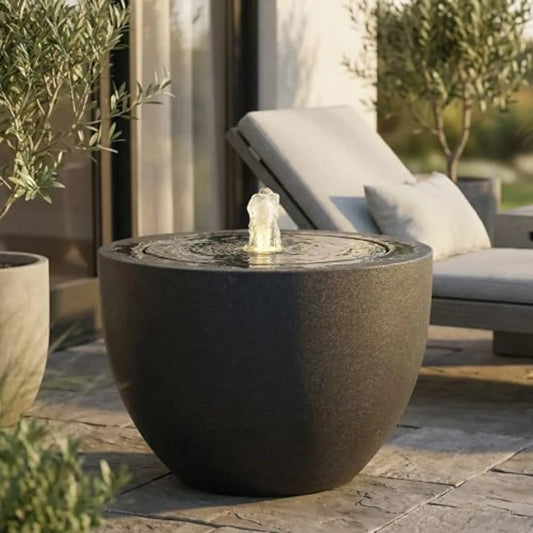 Outdoor Water Fountain With LED Light Polystone Oval Bowl Bubbler