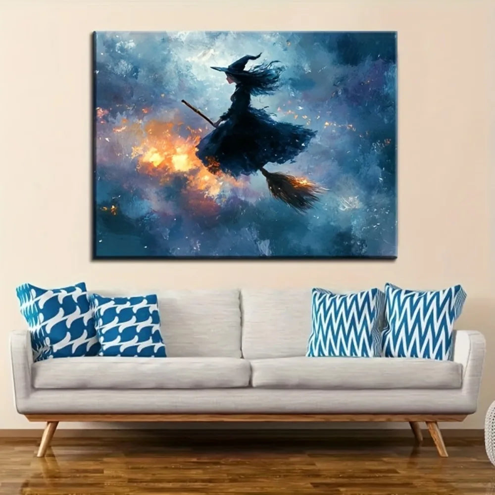 Witches Riding Broomsticks Full Moon Canvas Wall Art With Frame