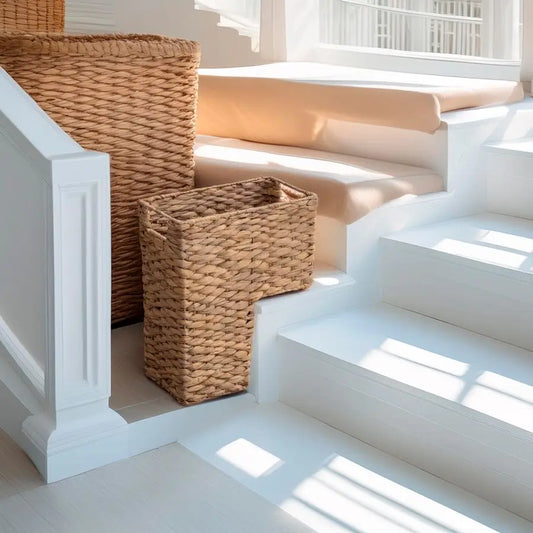 Stair Basket With Handles Woven Water Hyacinth For Carpeted Stairs