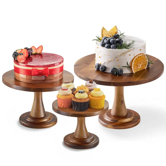 Acacia Wood Cake Stand Set 3 Rustic Farmhouse Dessert Pedestals