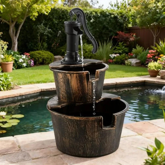 Two Tier Barrel Waterfall Fountain Outdoor Water Feature With Pump