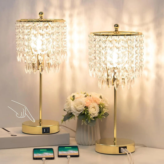 2 Pack Crystal Touch Lamps With Dimmable Light USB Ports