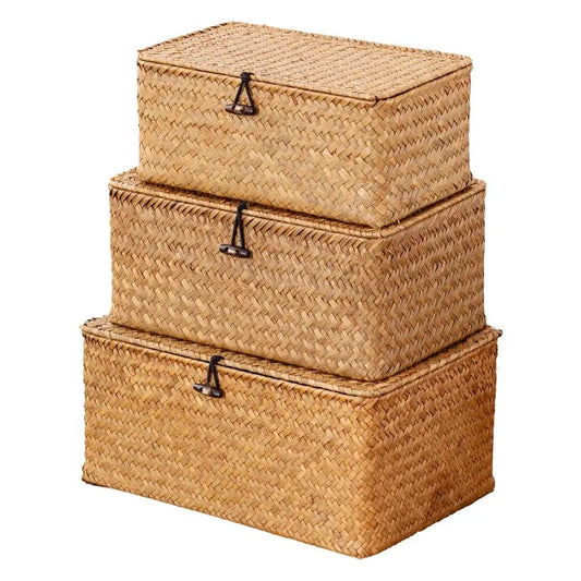 Natural Seagrass Storage Basket With Lids Set Of 3 For Boho Decor