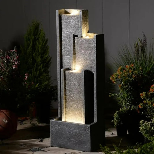Geometric Tiered Outdoor Water Fountain With LED Lights