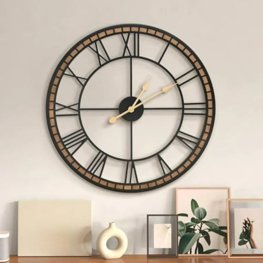 Farmhouse Wall Clock Modern Metal and Wood Rustic Roman Numerals