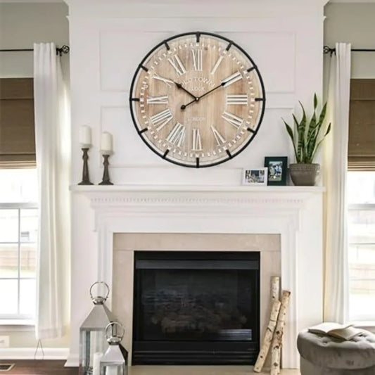 Grand Farmhouse Wall Clock Vintage Wood Metal Etched Numbers