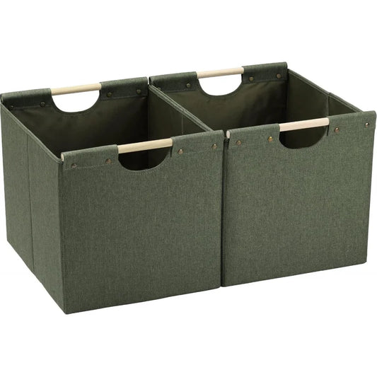 NONECN Collapsible Storage Baskets Linen Fabric With Wooden Handles