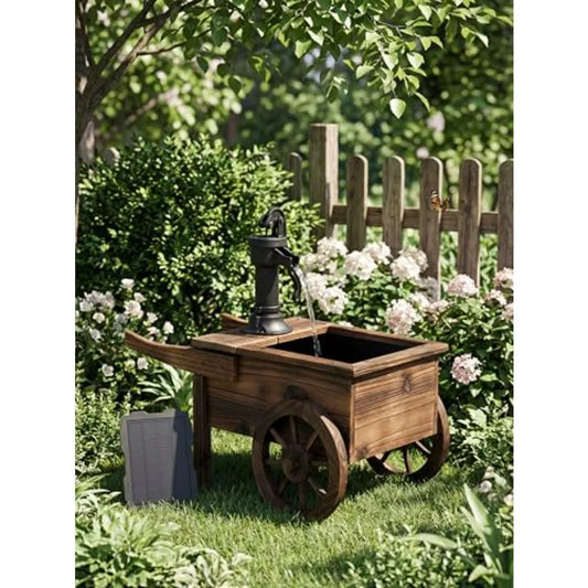 Carbonized Wood Outdoor Fountain With Solar Powered Movable Hand Pump