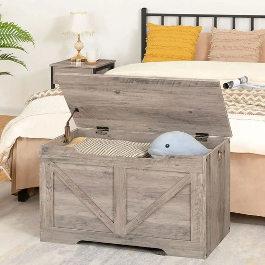 Retro Wooden Storage Bench With UShaped Cutout And Safety Hinge